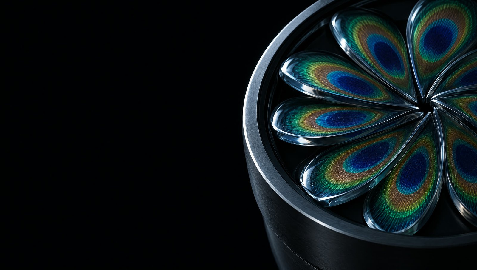 The left half of a dark titanium lens barrel, its lip a tall arc, its glass blades half open.