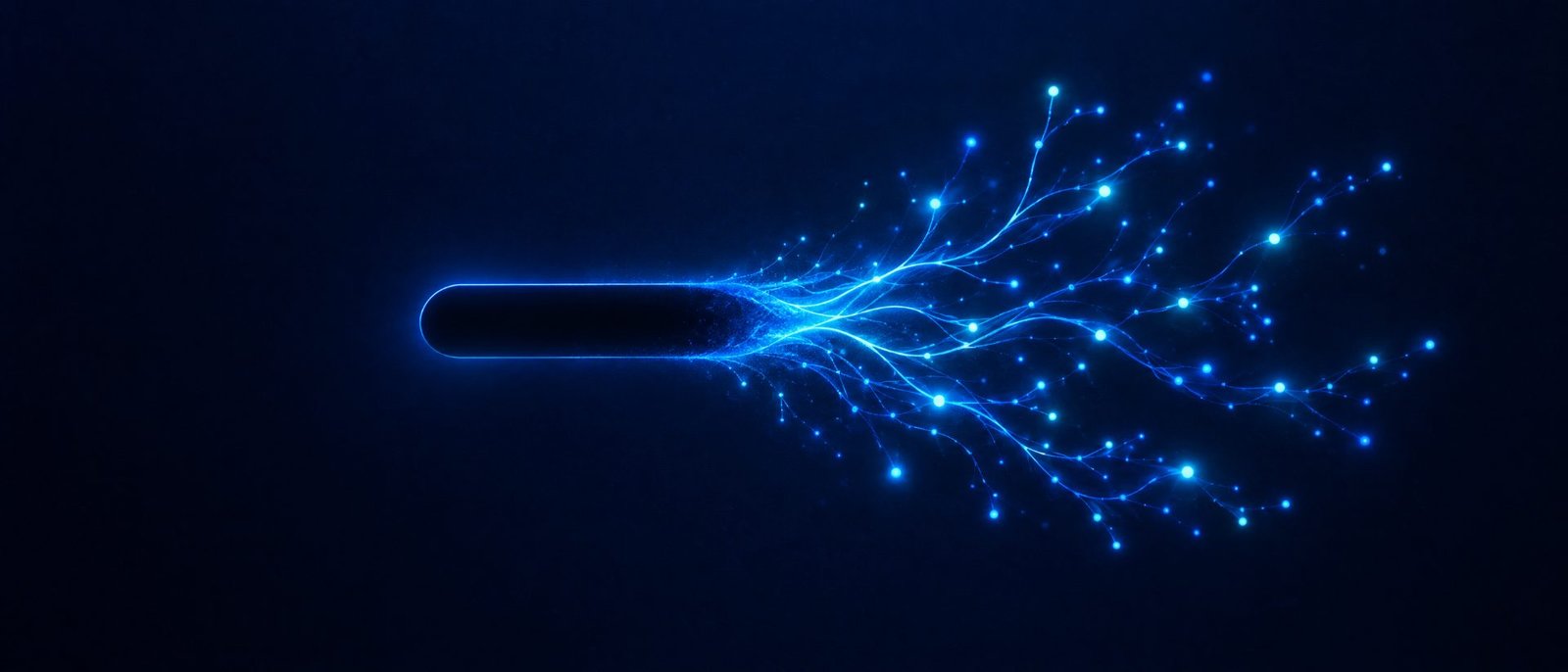 A search bar dissolving into branching lines of blue and cyan light that fan out into many small points across a navy background.