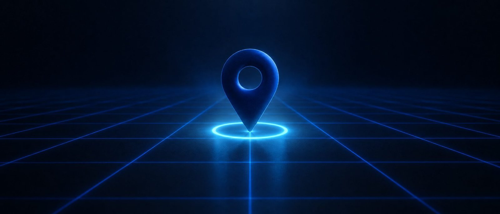 A navy map pin standing on a dark blue grid, with a ring of cyan light glowing around its base.