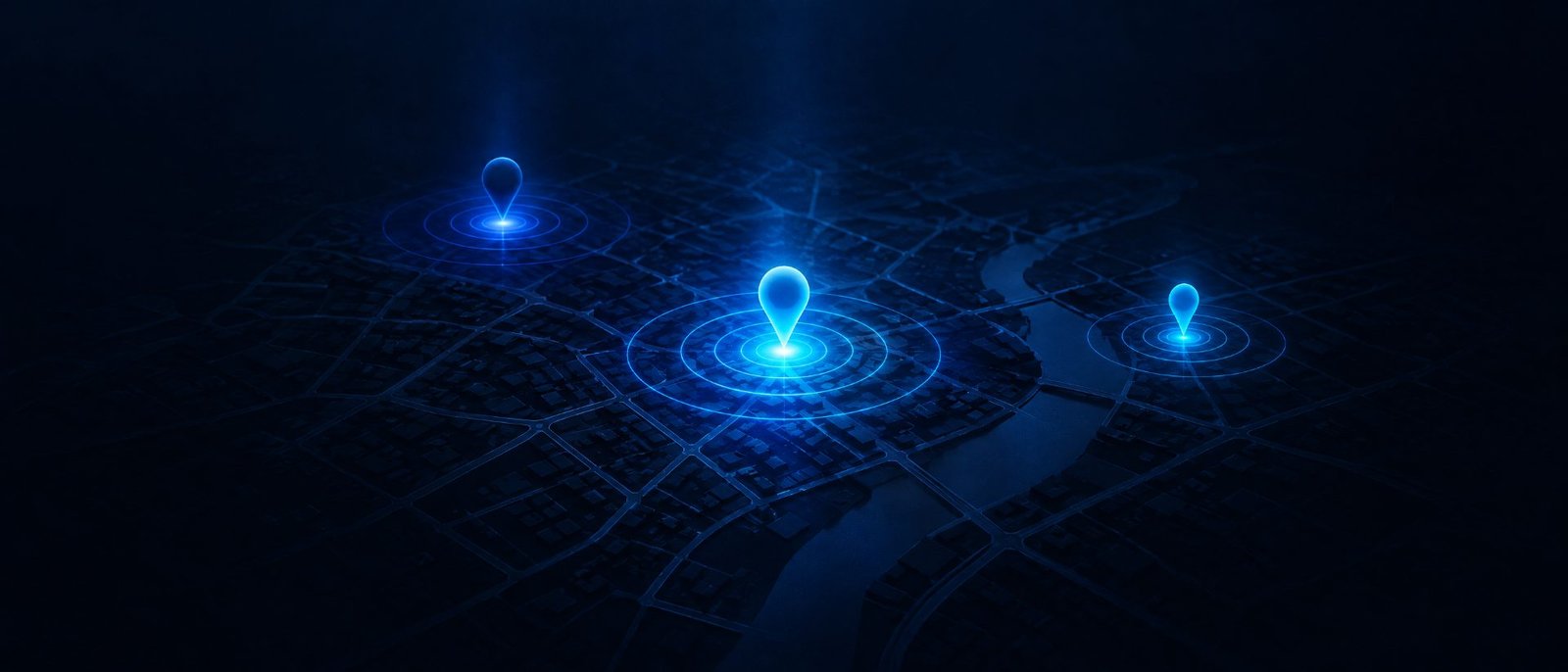 An abstract aerial view of a street grid on a dark background, with three glowing map pins rising above it and rings of blue light spreading outwards.